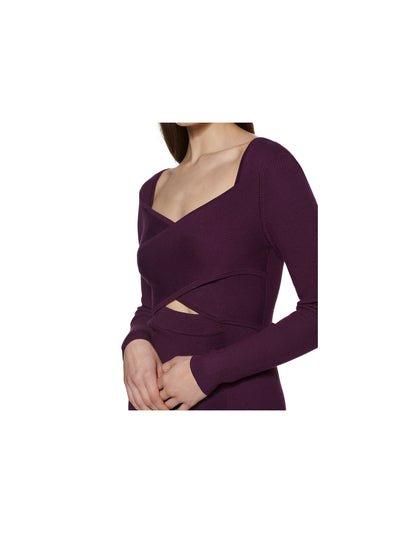 GUESS Womens Purple Knit Cut Out Ribbed Slitted Stretch Pull-on Style Long Sleeve Surplice Neckline Knee Length Cocktail Body Con Dress XXL