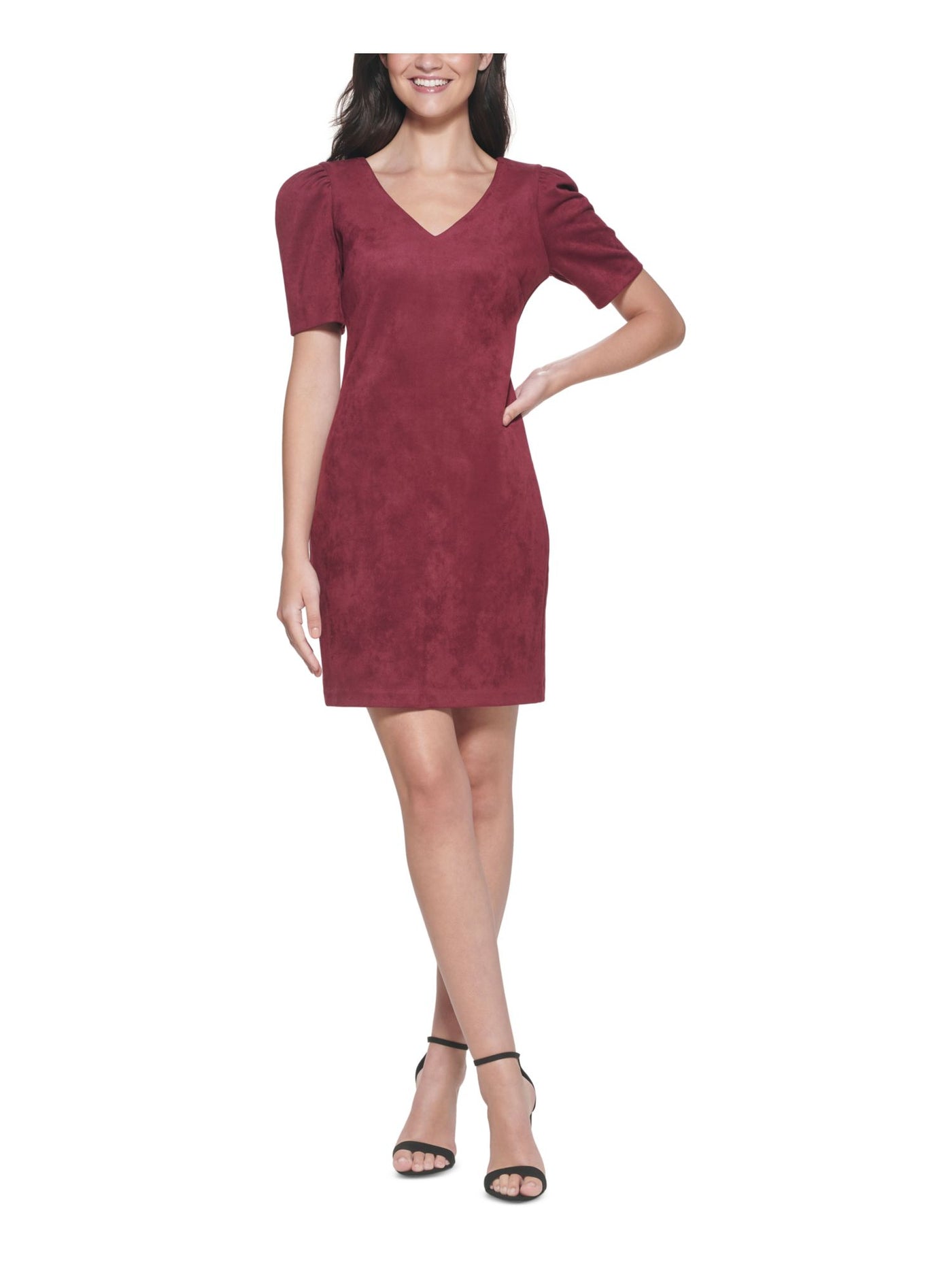 GUESS Womens Zippered Faux Suede Pouf Sleeve V Neck Above The Knee Cocktail Sheath Dress