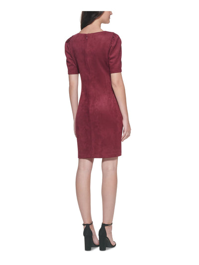 GUESS Womens Maroon Zippered Faux Suede Pouf Sleeve V Neck Above The Knee Cocktail Sheath Dress 14