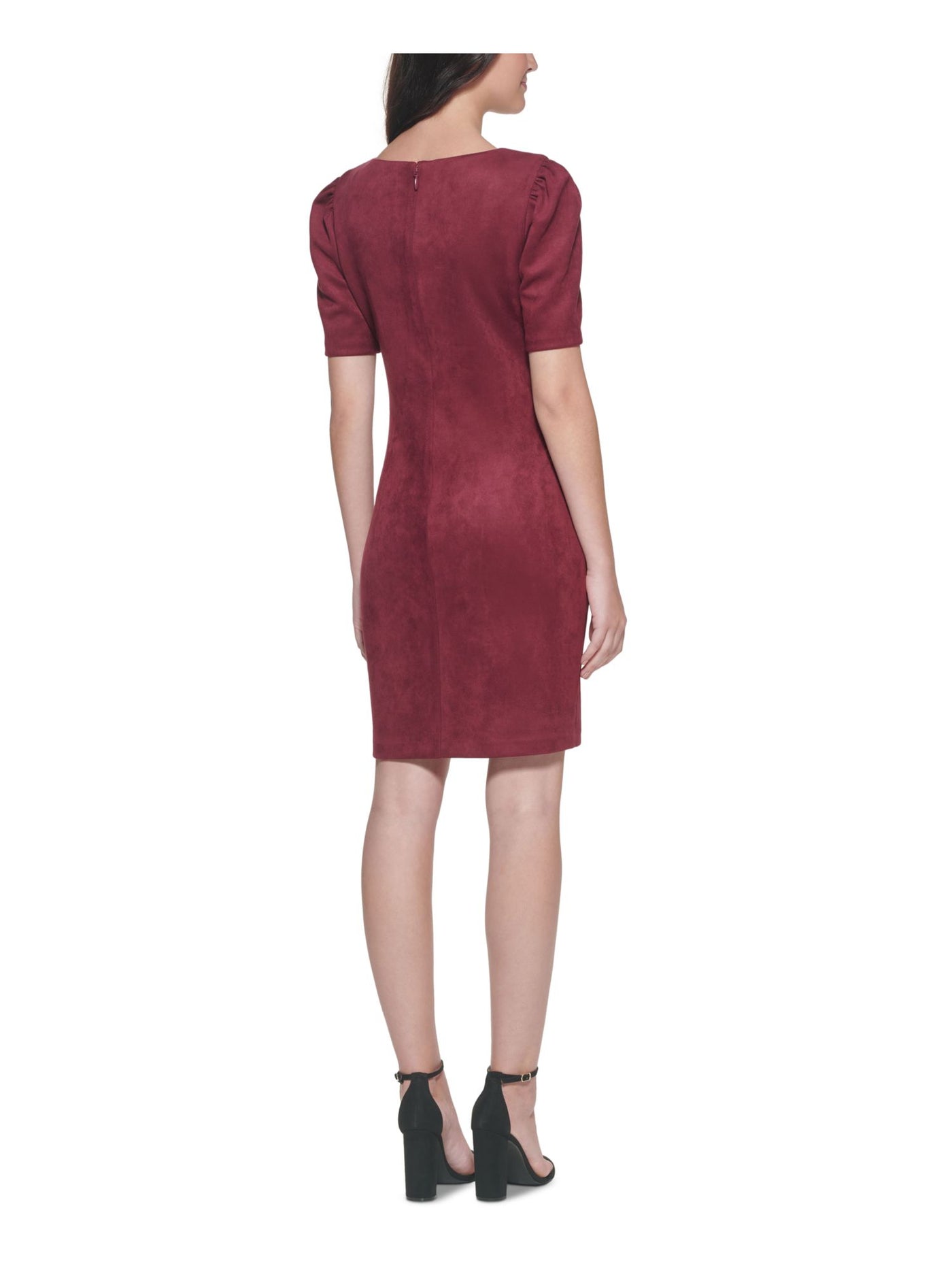 GUESS Womens Burgundy Zippered Faux Suede Pouf Sleeve V Neck Above The Knee Cocktail Sheath Dress 2