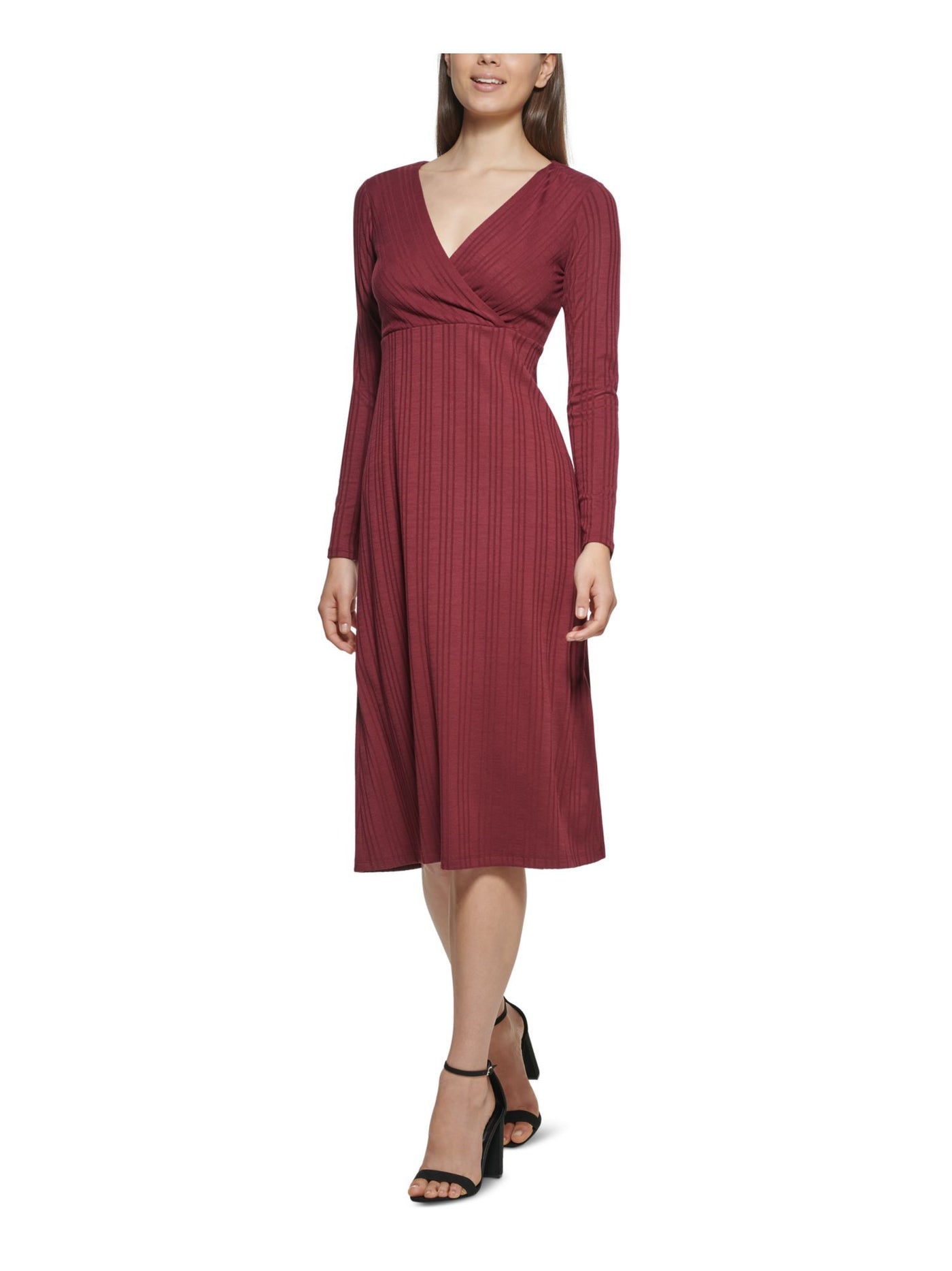 KENSIE DRESSES Womens Burgundy Knit Ribbed Lined Pullover Long Sleeve Surplice Neckline Midi Wear To Work Dress L