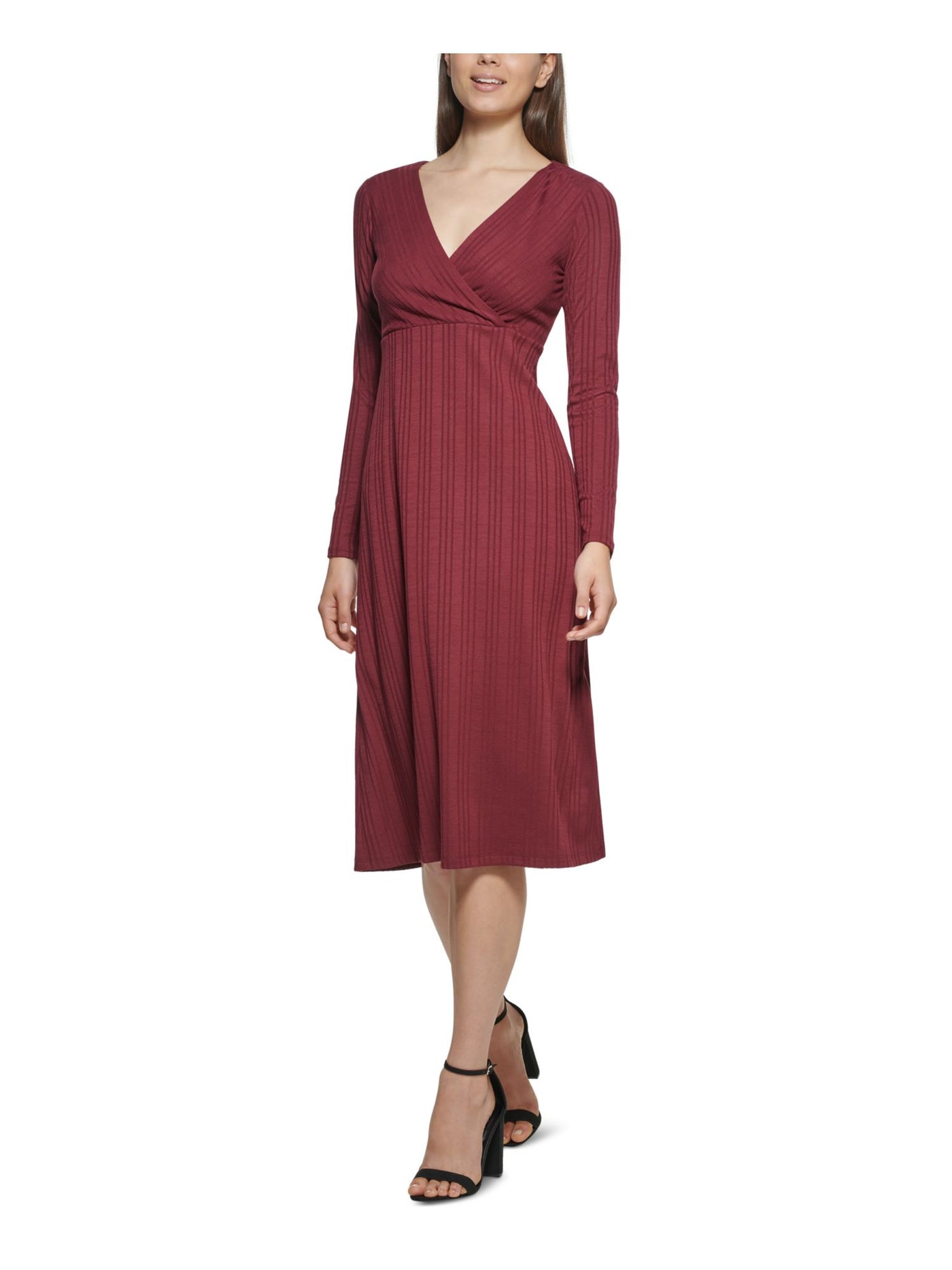 KENSIE Womens Burgundy Knit Ribbed Lined Pullover Long Sleeve Surplice Neckline Midi Wear To Work Dress S