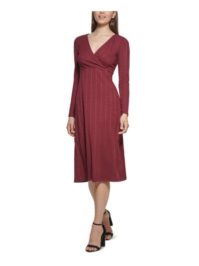 KENSIE Womens Burgundy Knit Ribbed Lined Pullover Long Sleeve Surplice Neckline Midi Wear To Work Dress S