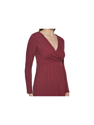 KENSIE Womens Burgundy Knit Ribbed Lined Pullover Long Sleeve Surplice Neckline Midi Wear To Work Dress S