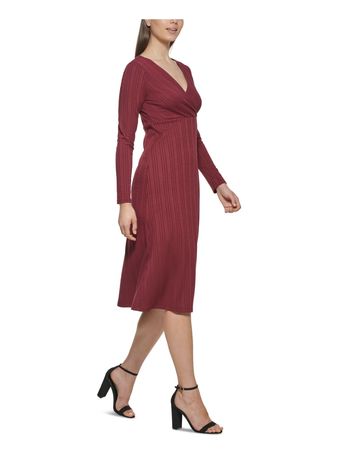 KENSIE DRESSES Womens Knit Ribbed Lined Pullover Long Sleeve Surplice Neckline Midi Wear To Work A-Line Dress