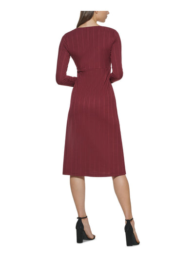 KENSIE DRESSES Womens Burgundy Knit Ribbed Lined Pullover Long Sleeve Surplice Neckline Midi Wear To Work Dress L
