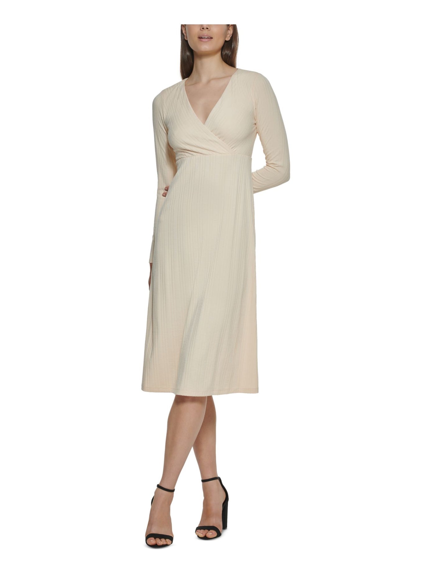 KENSIE Womens Beige Knit Ribbed Long Sleeve Surplice Neckline Midi Wear To Work A-Line Dress XL