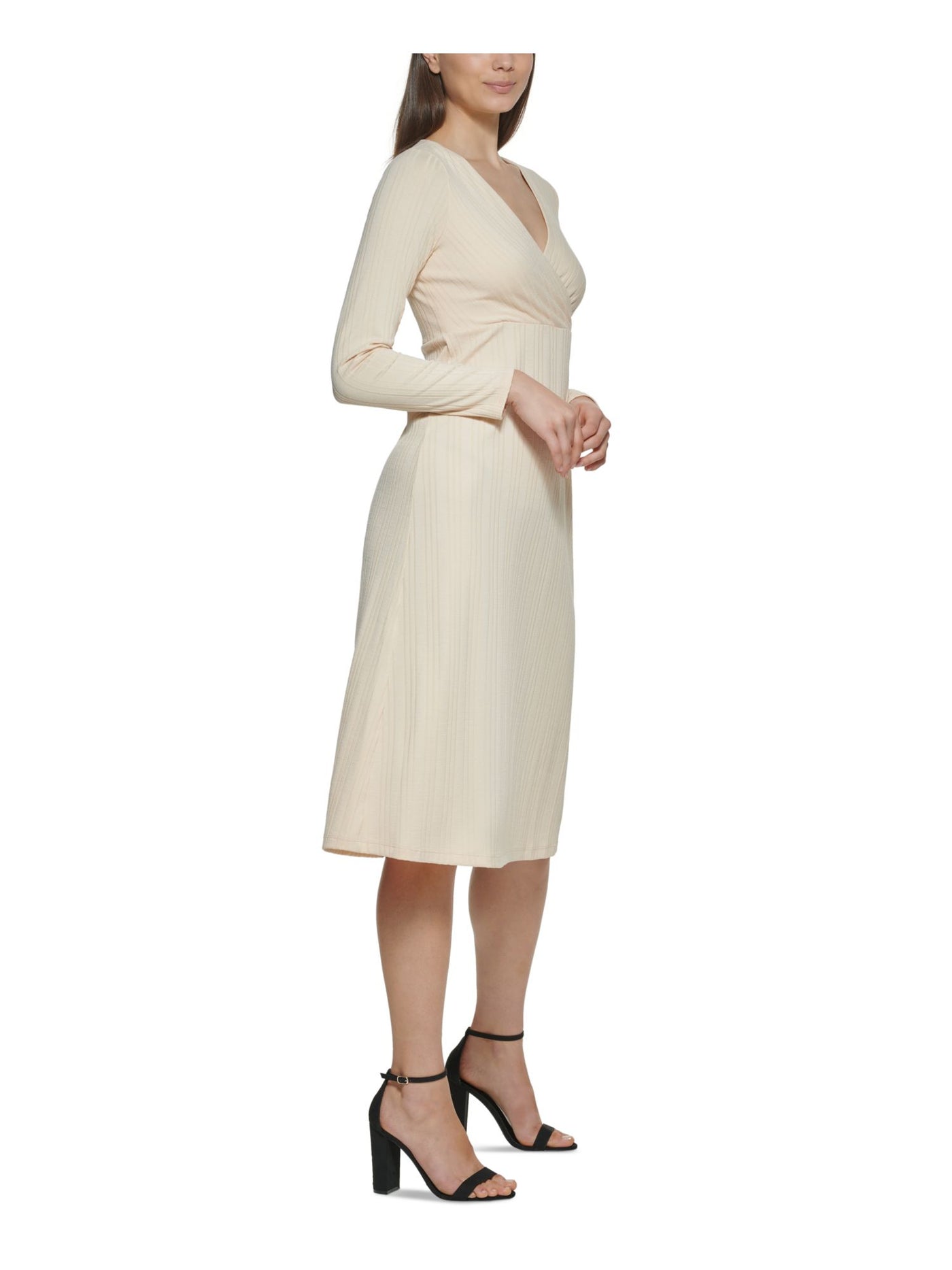 KENSIE Womens Beige Knit Ribbed Long Sleeve Surplice Neckline Midi Wear To Work A-Line Dress S