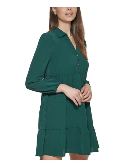 KENSIE Womens Green Stretch Sheer Pullover Styling Long Sleeve Collared Short Evening Shift Dress 4