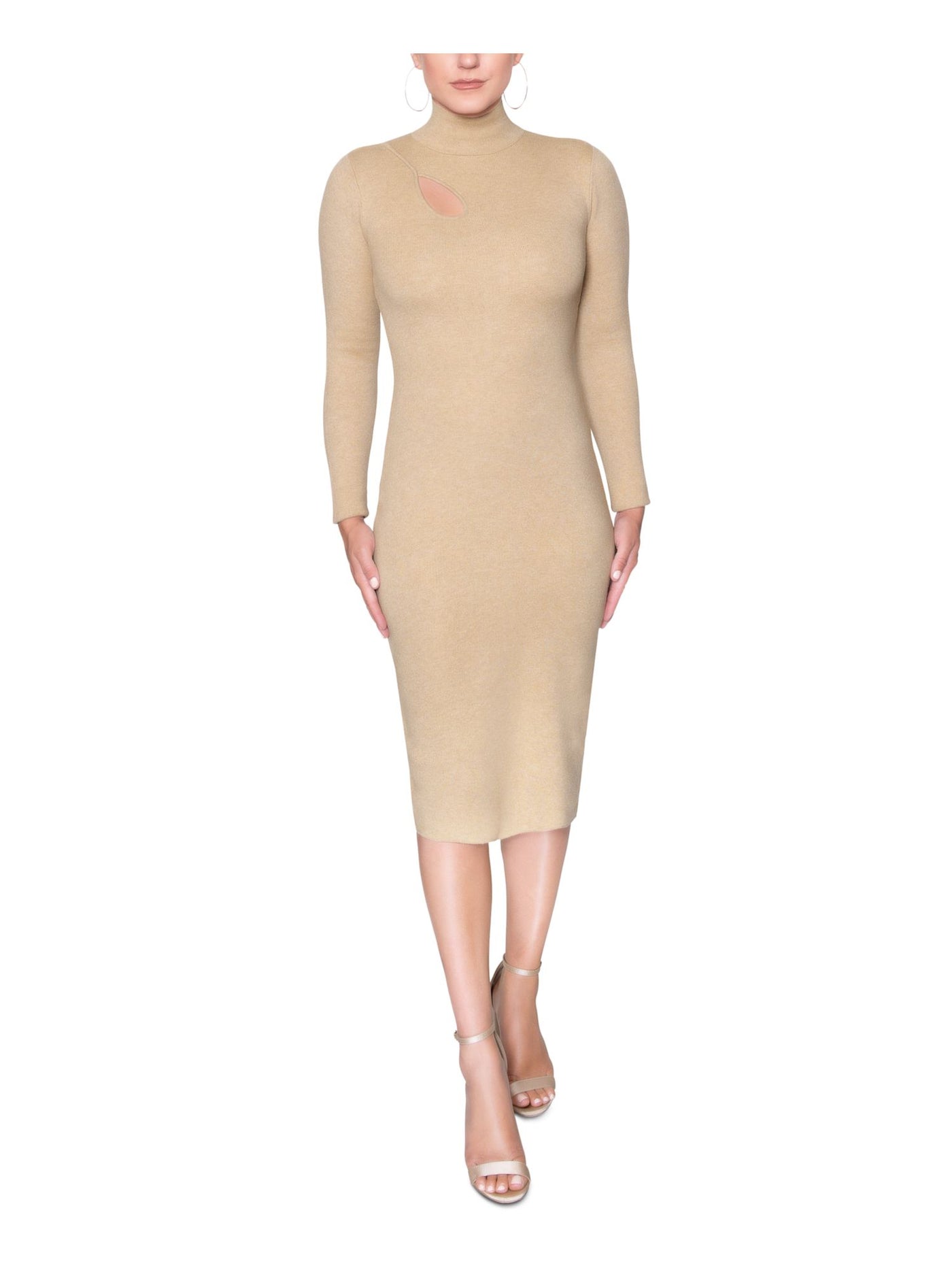 RACHEL RACHEL ROY Womens Beige Knit Zippered Cut Out Fitted Long Sleeve Turtle Neck Midi Evening Sweater Dress XS