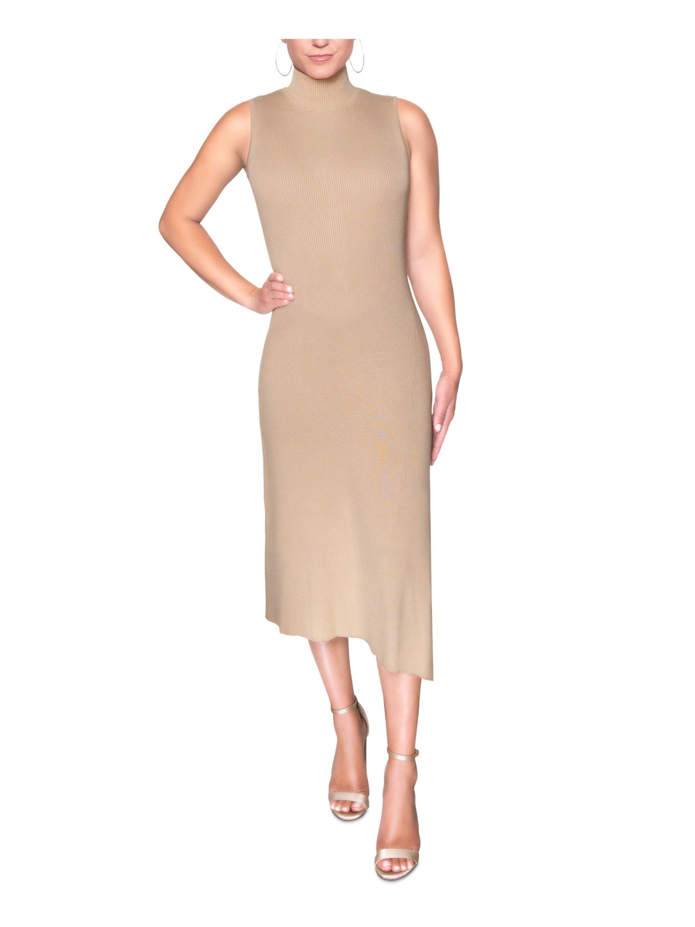 RACHEL RACHEL ROY Womens Beige Zippered Ribbed Sleeveless Mock Neck Midi Sheath Dress L