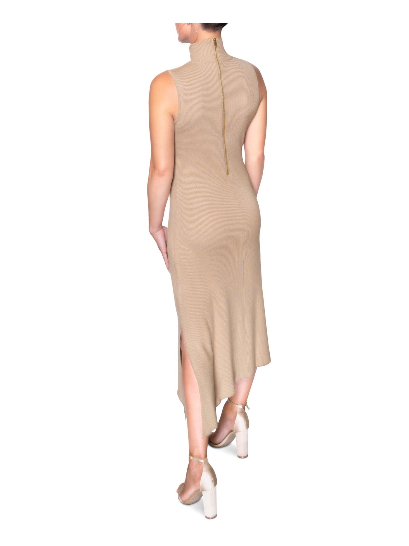 RACHEL RACHEL ROY Womens Beige Zippered Ribbed Sleeveless Mock Neck Midi Sheath Dress L