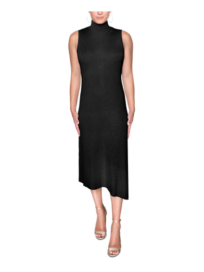 RACHEL RACHEL ROY Womens Black Knit Zippered Ribbed Asymmetrical Hem Sleeveless Mock Neck Midi Sheath Dress S