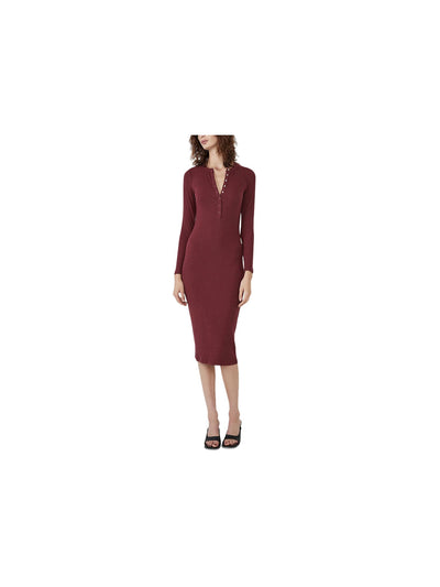 BARDOT Womens Burgundy Stretch Ribbed Snap Packet Long Sleeve Round Neck Below The Knee Party Sheath Dress 2