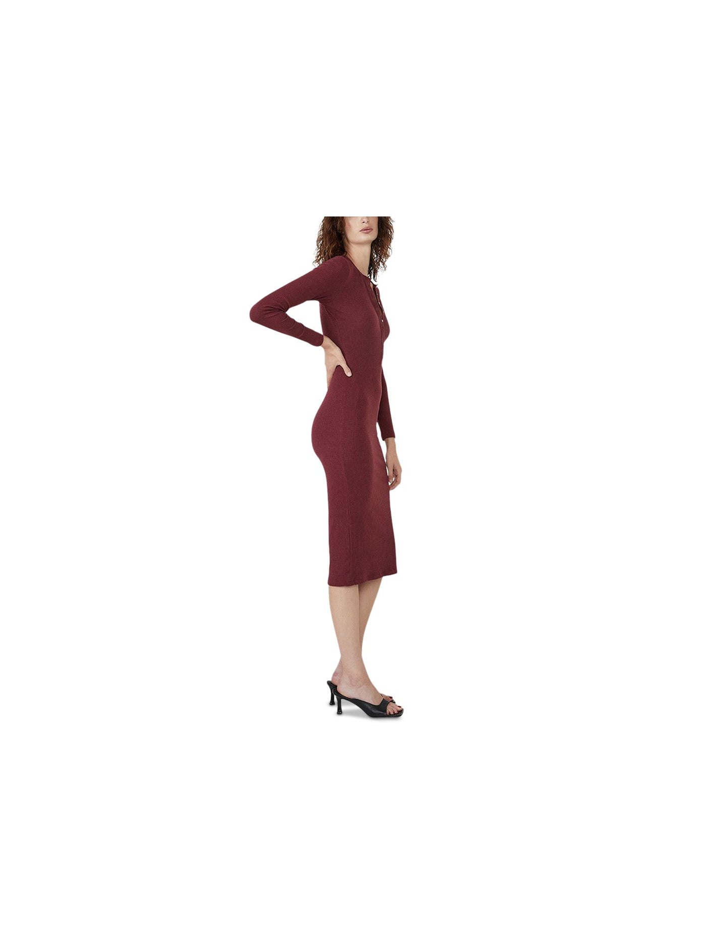 BARDOT Womens Burgundy Stretch Ribbed Snap Packet Long Sleeve Round Neck Below The Knee Party Sheath Dress 2