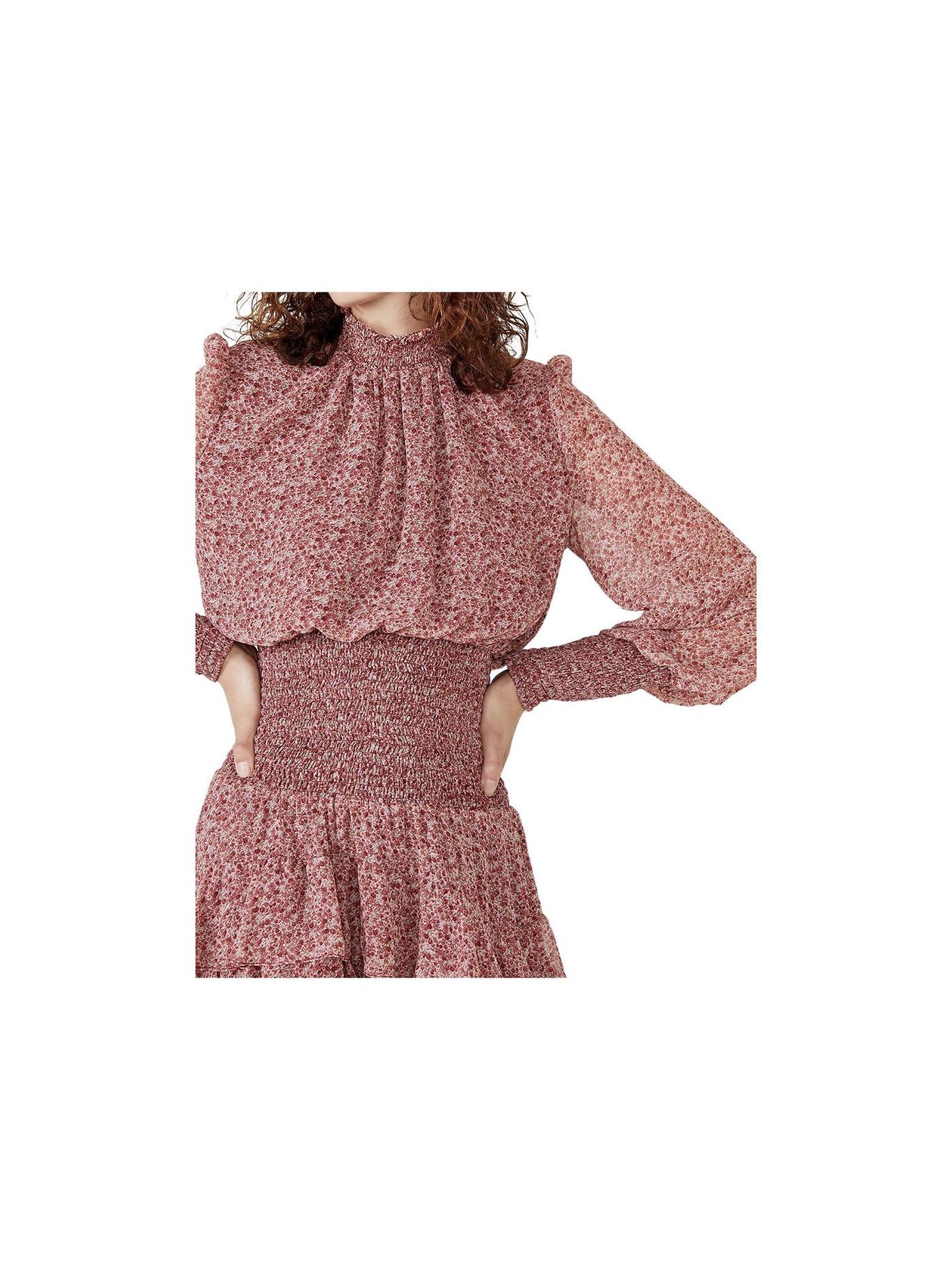 BARDOT Womens Pink Smocked Keyhole Back Tiered Skirt Floral Long Sleeve Mock Neck Short Party Fit + Flare Dress 8