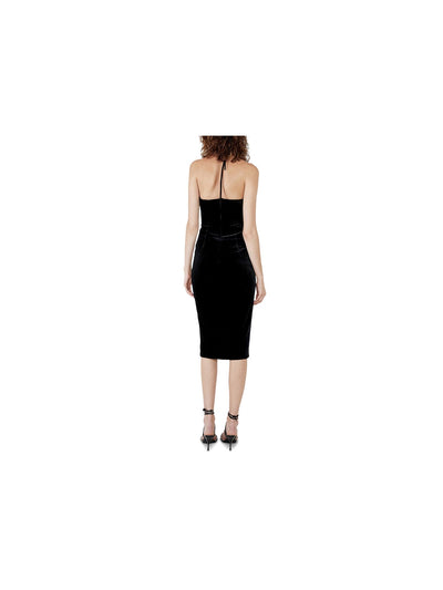 BARDOT Womens Black Tie Zippered Slitted Velour Sleeveless Halter Midi Cocktail Body Con Dress 8