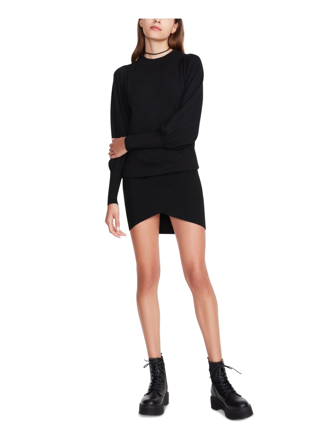 BETSEY JOHNSON Womens Black Knit Ribbed Textured Pullover Crossover Hem Long Sleeve Crew Neck Mini Sweater Dress XS