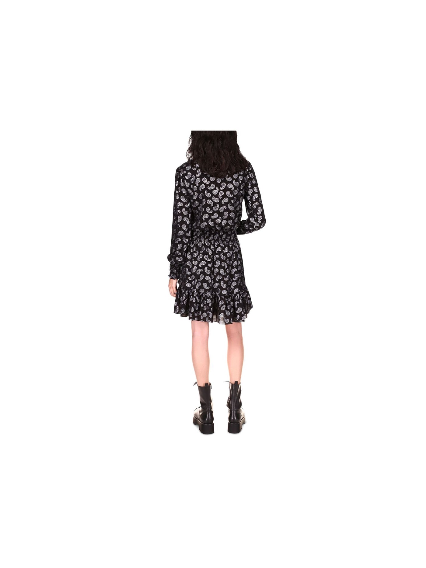 MICHAEL KORS Womens Black Smocked Ruffled Pullover Long Sleeve V Neck Short Faux Wrap Dress XS