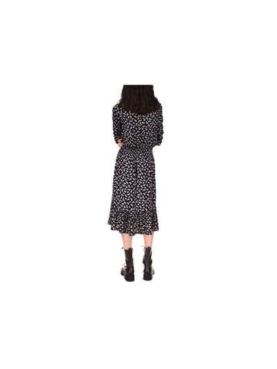 MICHAEL KORS Womens Smocked Ruffled Boho Chic Keyhole Closure 3/4 Sleeve Mock Neck Tea-Length Peasant Dress