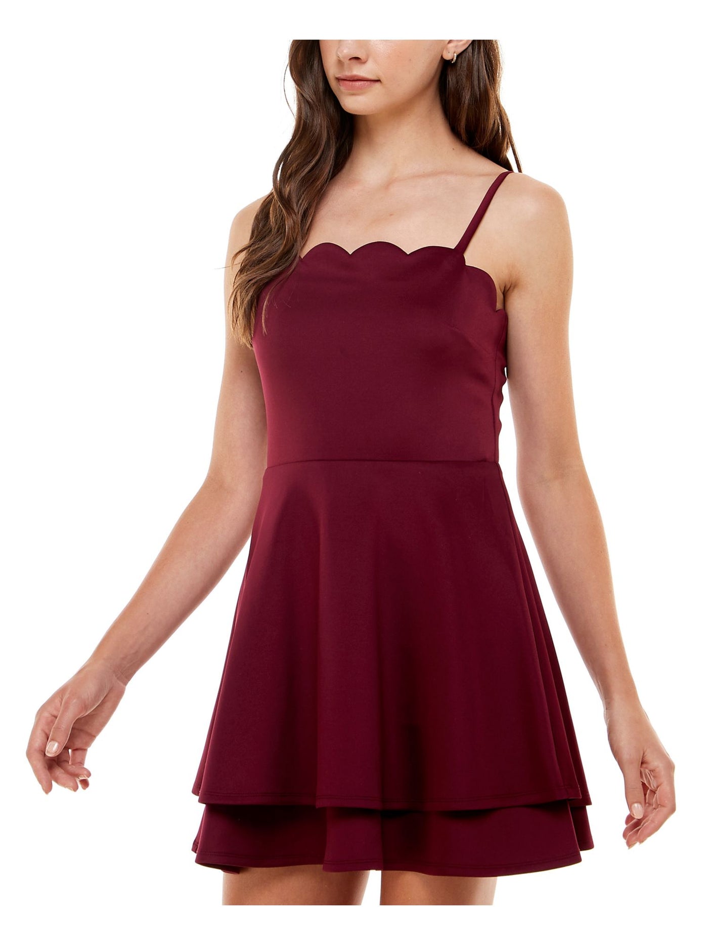 SPEECHLESS Womens Burgundy Zippered Scalloped Spaghetti Strap Square Neck Short Party Fit + Flare Dress Juniors S