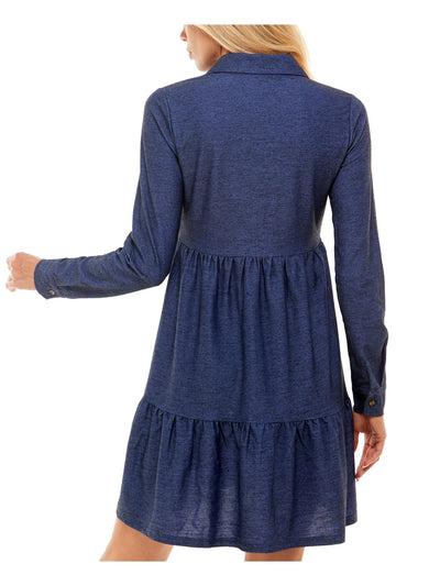 ULTRA FLIRT Womens Stretch Pleated Ruffled Fitted Button Closures Cuffed Sleeve Point Collar Short Shirt Dress