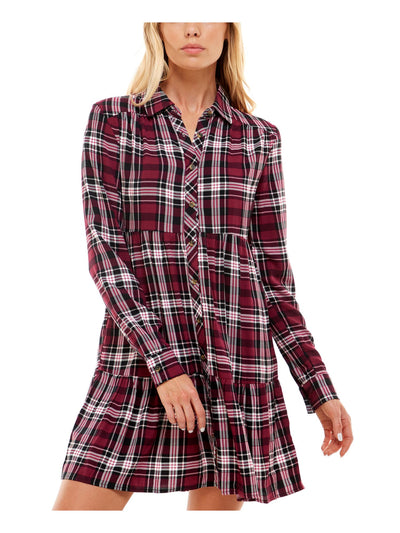 ULTRA FLIRT Womens Burgundy Plaid Cuffed Sleeve Point Collar Above The Knee Wear To Work Fit + Flare Dress M