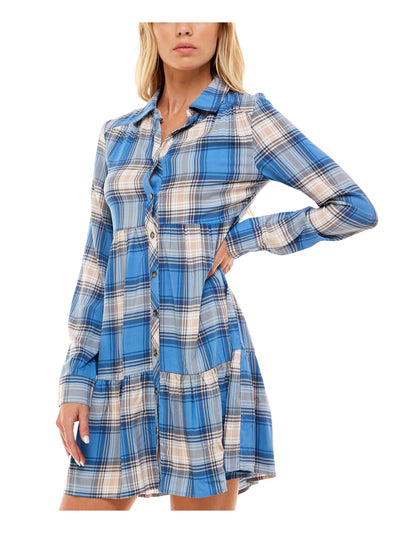 ULTRA FLIRT Womens Blue Plaid Cuffed Sleeve Point Collar Short Fit + Flare Dress Juniors XS