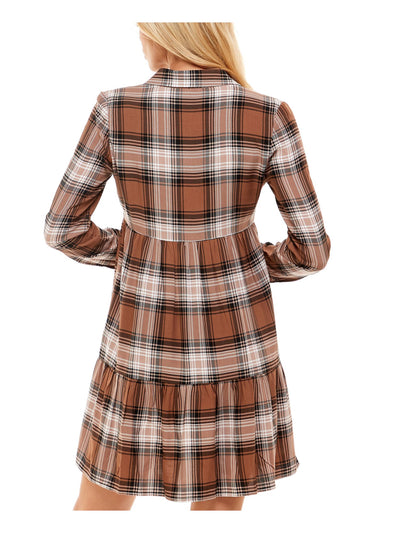 ULTRA FLIRT Womens Brown Plaid Cuffed Sleeve Point Collar Above The Knee Wear To Work Fit + Flare Dress Juniors S