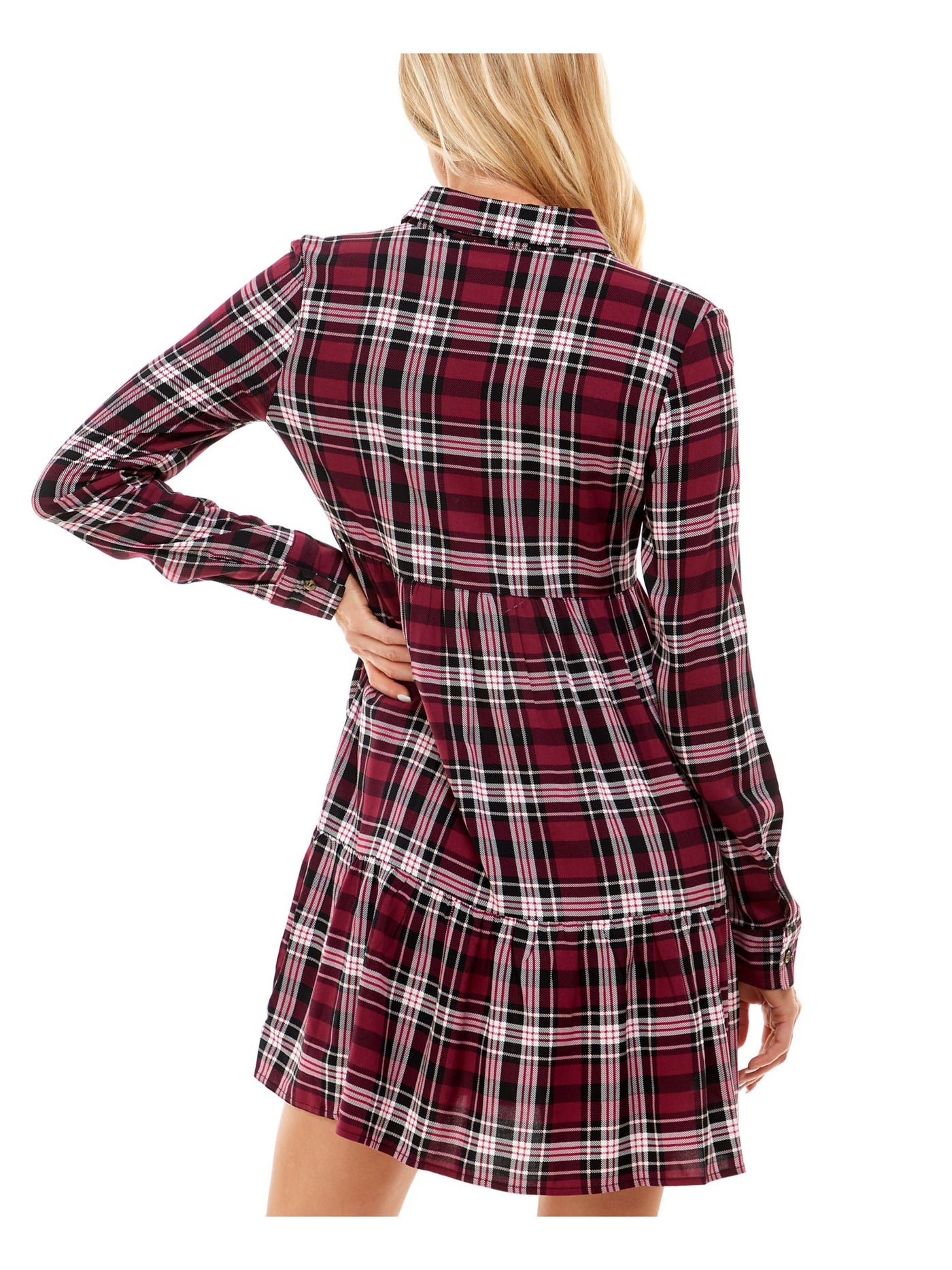 ULTRA FLIRT Womens Burgundy Plaid Cuffed Sleeve Point Collar Above The Knee Wear To Work Fit + Flare Dress M