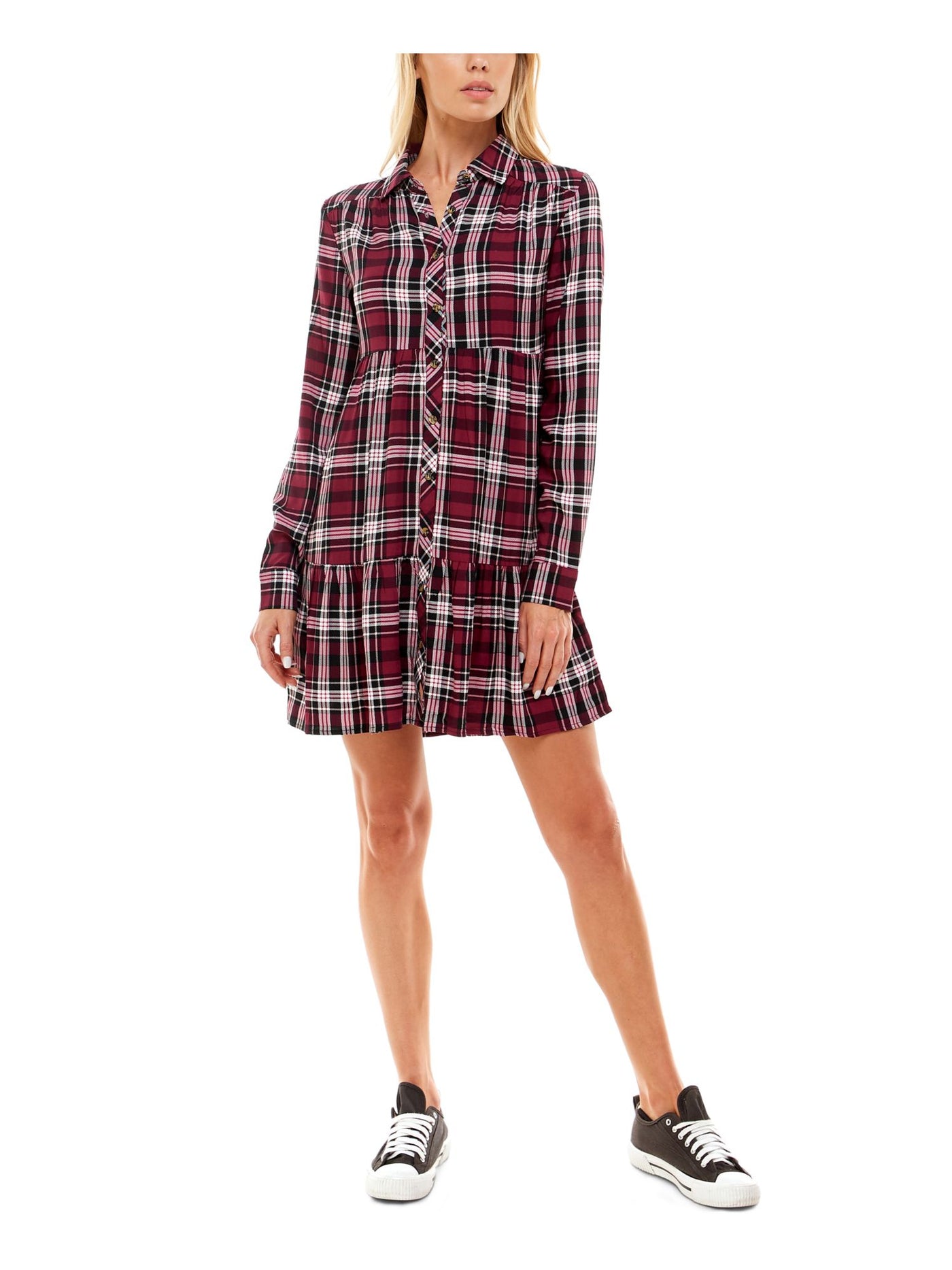 ULTRA FLIRT Womens Maroon Plaid Cuffed Sleeve Point Collar Above The Knee Wear To Work Fit + Flare Dress M