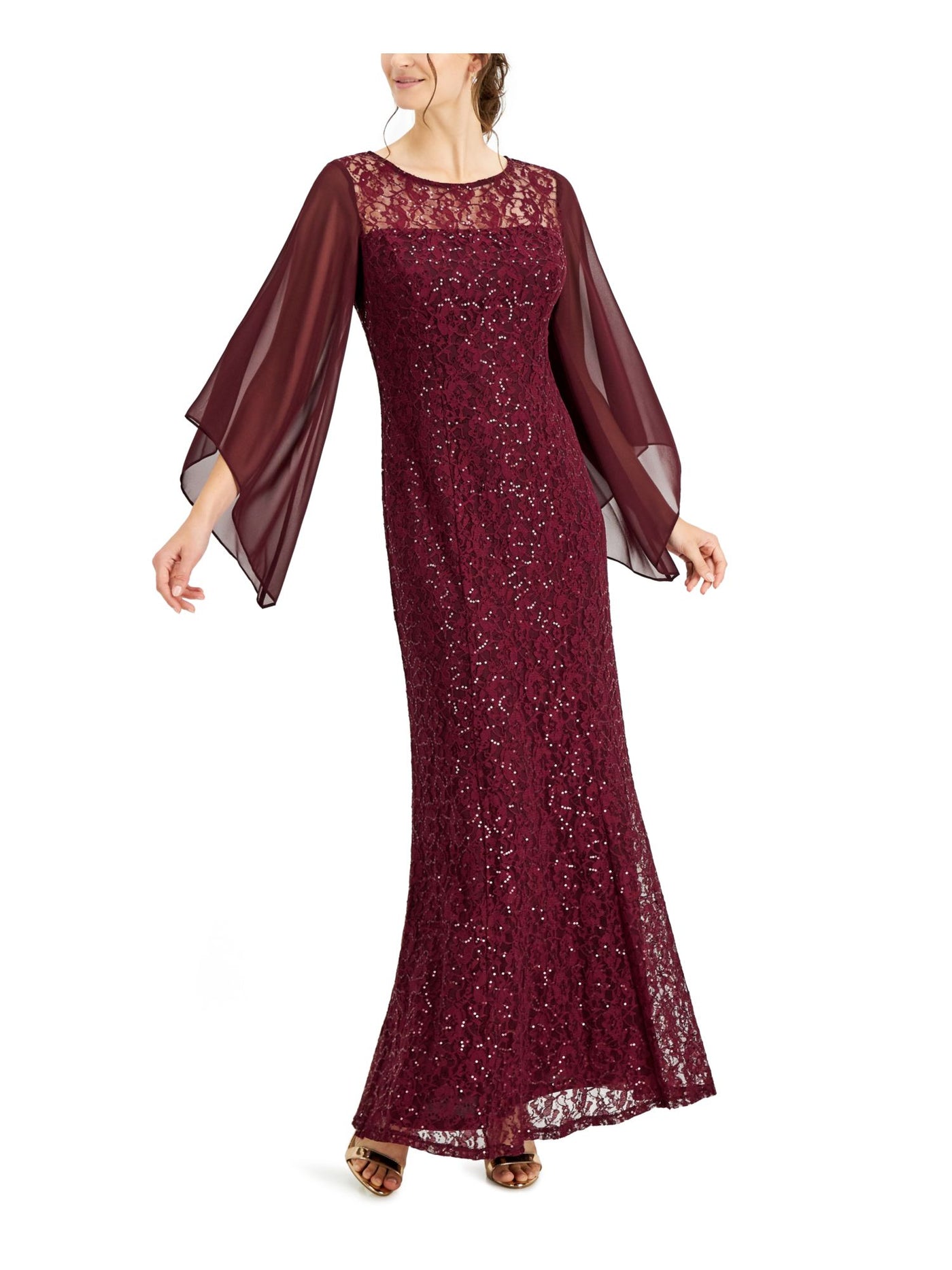 SLNY Womens Zippered Keyhole Back Lined Flutter Sleeve Illusion Neckline Full-Length Evening Gown Dress