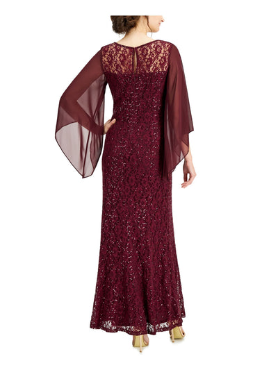 SLNY Womens Burgundy Zippered Keyhole Back Lined Flutter Sleeve Illusion Neckline Full-Length Evening Gown Dress 4