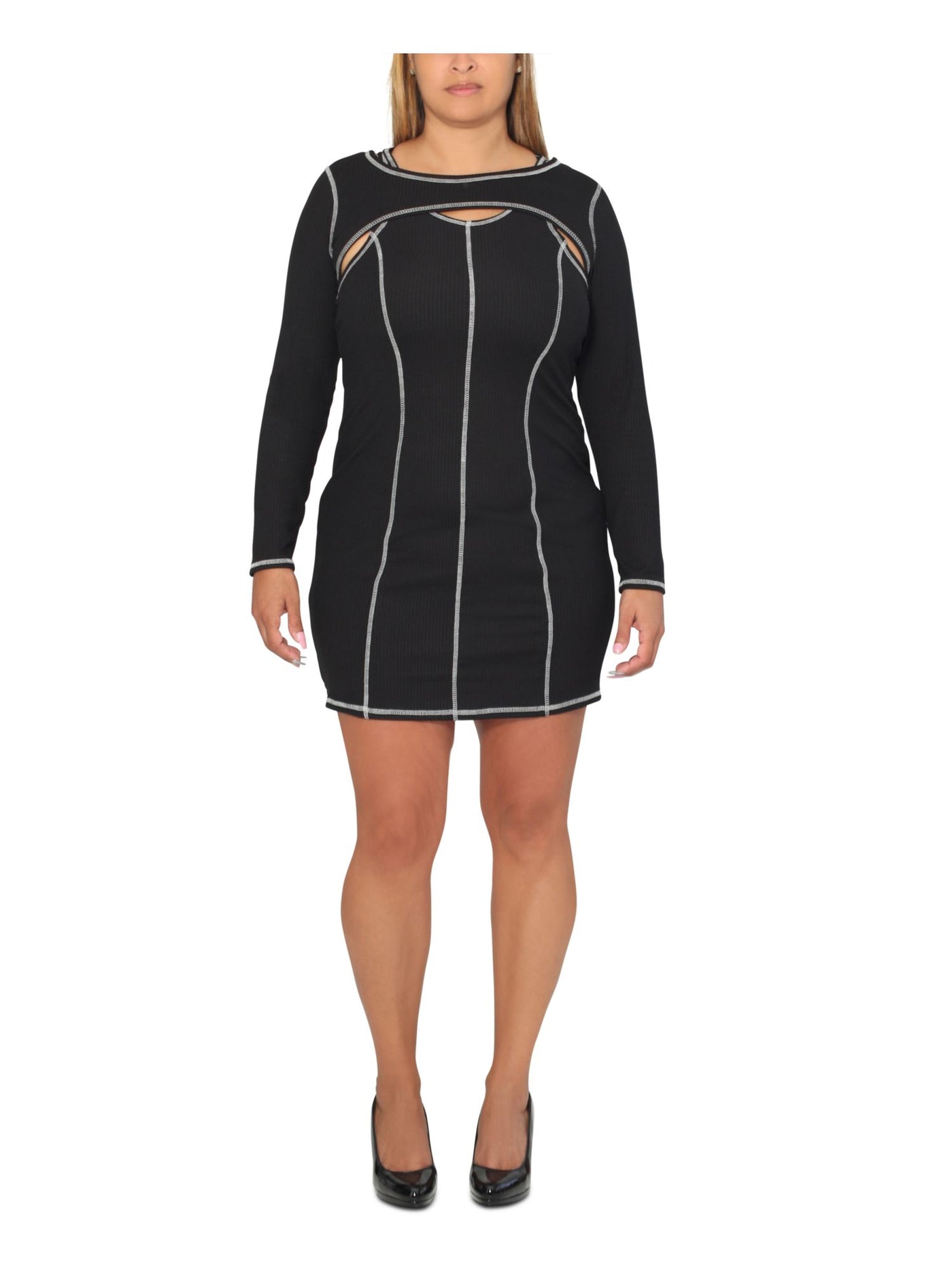 ULTRA FLIRT Womens Black Stretch Ribbed Shrug Long Sleeve Scoop Neck Short Cocktail Body Con Dress Plus 1X