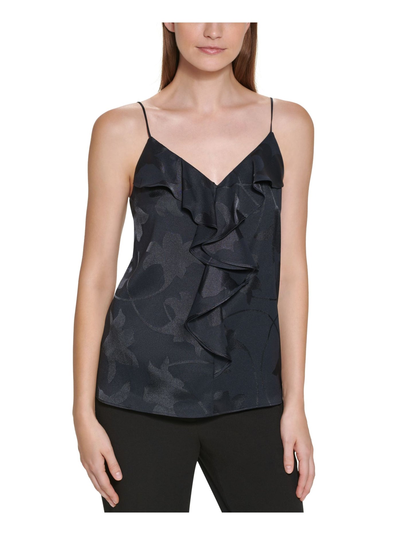 CALVIN KLEIN Womens Black Ruffled Adjustable Straps Floral Spaghetti Strap V Neck Cami Top S