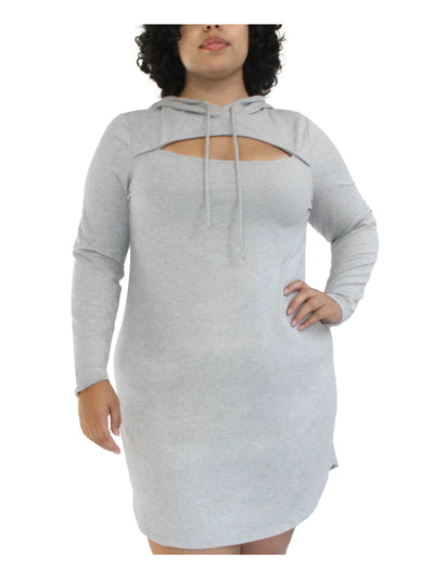 ALMOST FAMOUS Womens Gray Stretch Cut Out Drawstring Hoodie Pullover Heather Long Sleeve Short Sheath Dress Plus 2X
