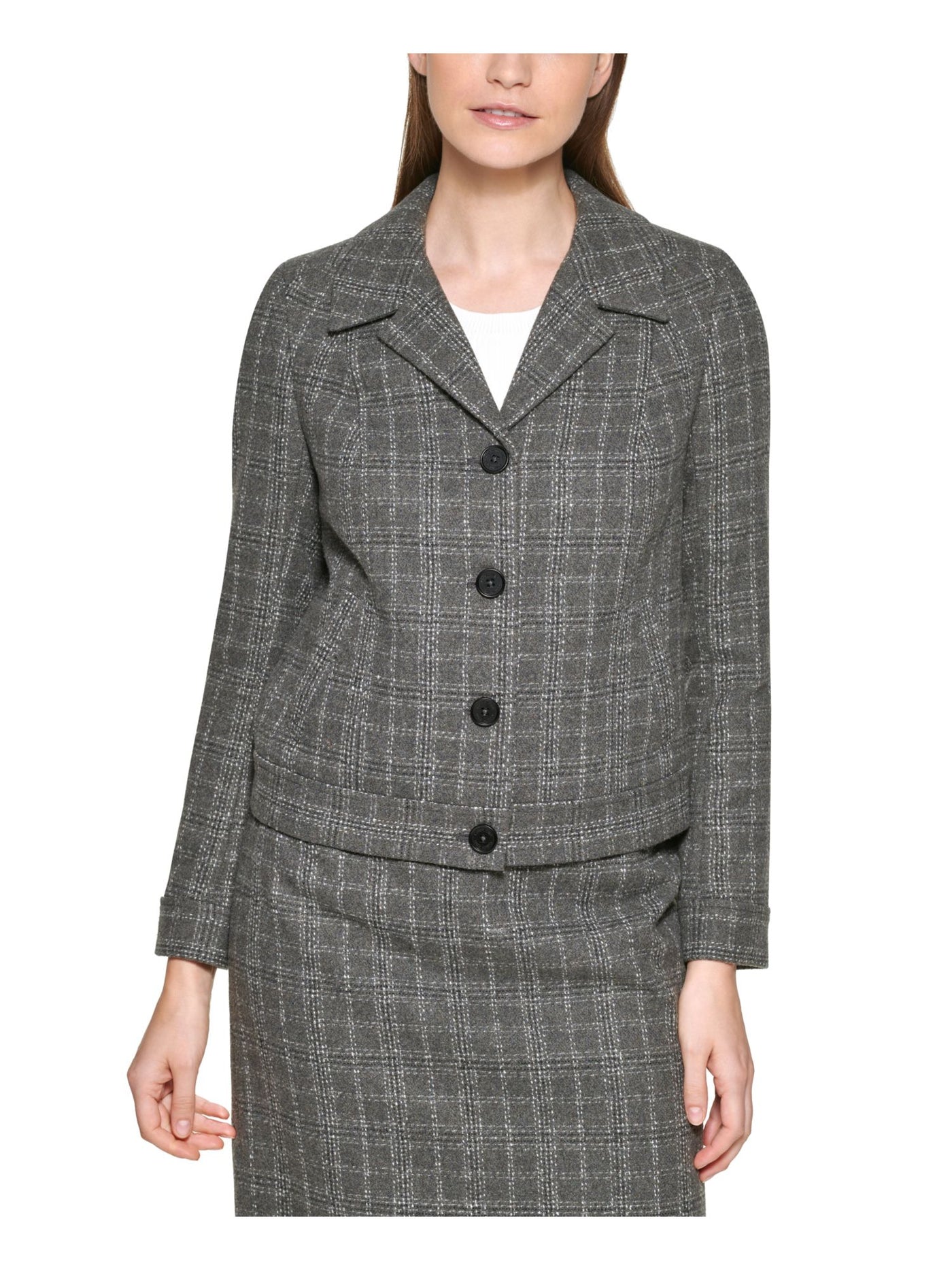 CALVIN KLEIN Womens Gray Pocketed Darted Lined Button Front Plaid Long Sleeve Collared Wear To Work Blazer Jacket 12