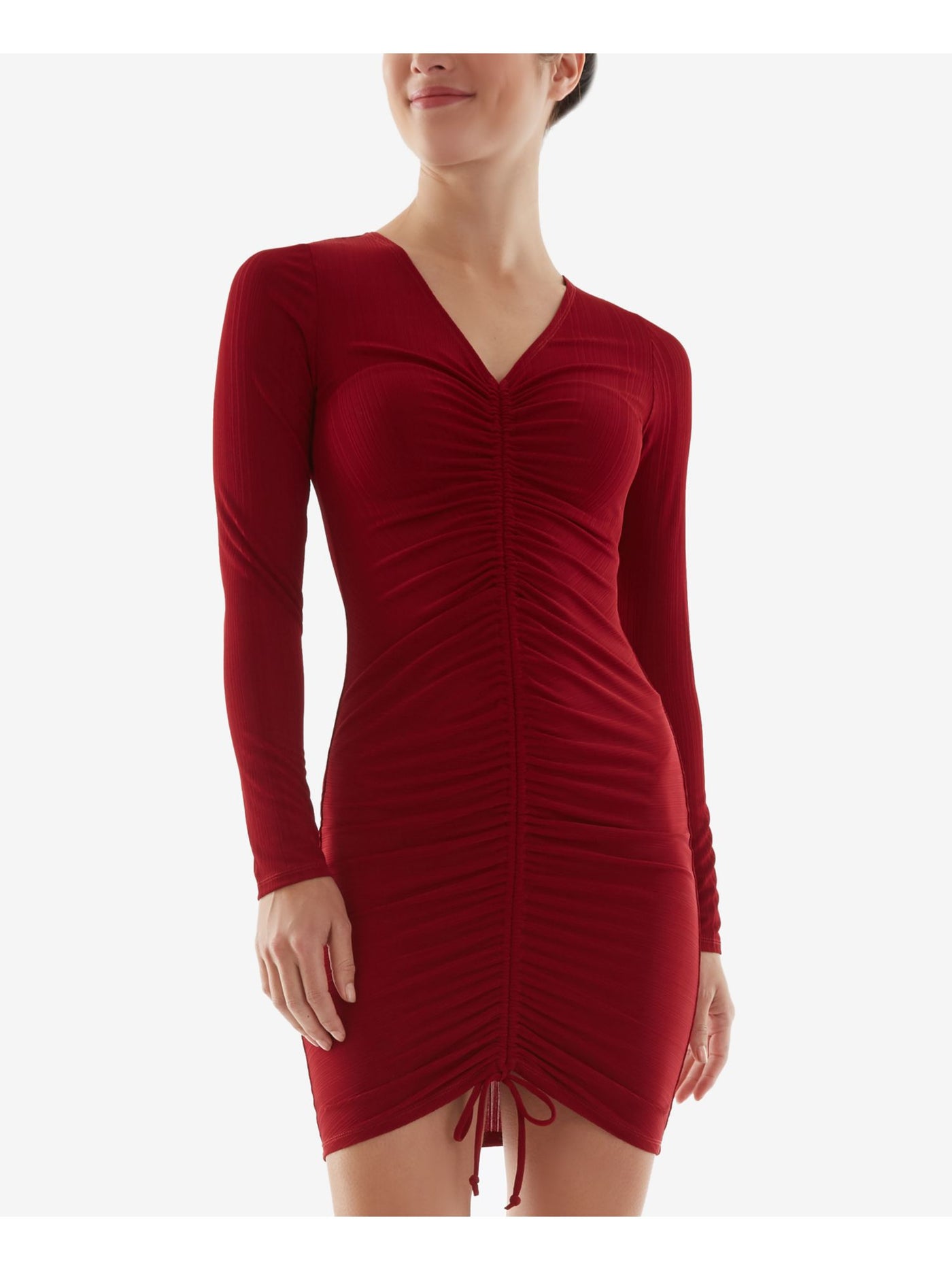 BCX DRESS Womens Red Ribbed Tie Adjustable Ruching Center Front Long Sleeve V Neck Short Party Body Con Dress Juniors S