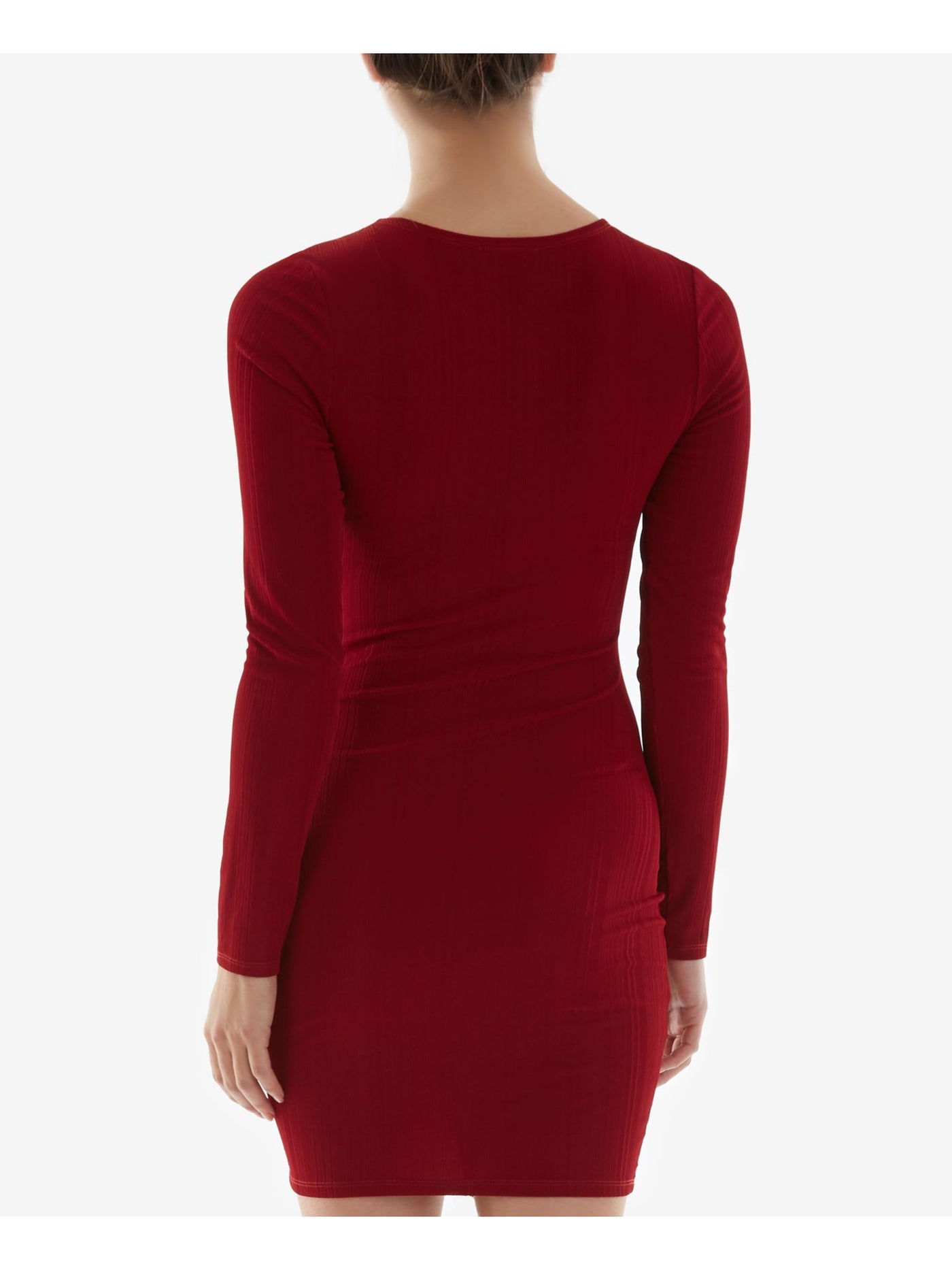 BCX DRESS Womens Red Ribbed Tie Adjustable Ruching Center Front Long Sleeve V Neck Short Party Body Con Dress Juniors S