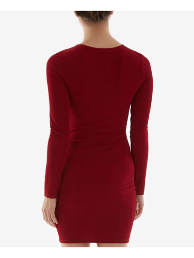 BCX DRESS Womens Red Ribbed Tie Adjustable Ruching Center Front Long Sleeve V Neck Short Party Body Con Dress Juniors S