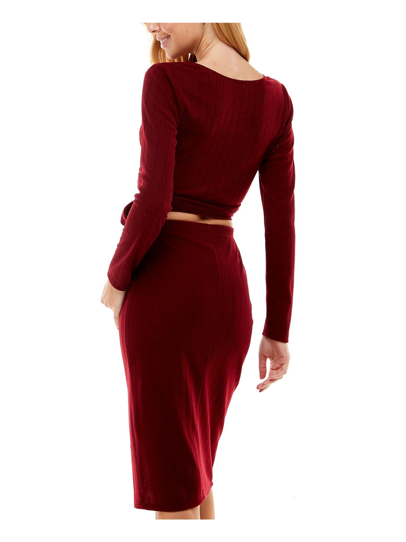 CITY STUDIO Womens Maroon Ribbed Tie Slitted Long Sleeve V Neck Knee Length Party Body Con Dress Juniors XS