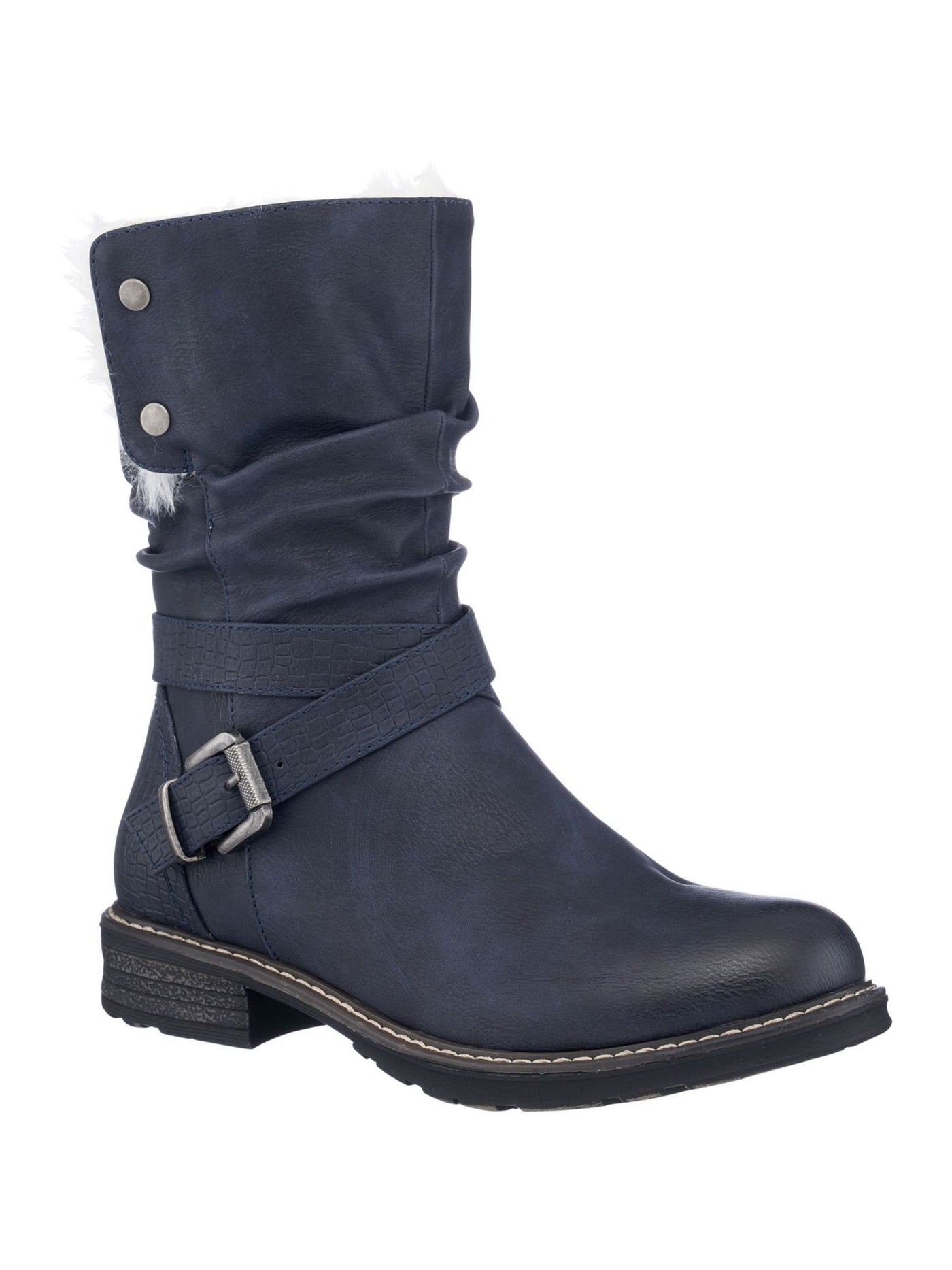 G.C. SHOES Womens Navy Mixed Media Sherpa Fold Down Collar Crock Accent Bucke Accent Slip Resistant Bailey Round Toe Block Heel Winter Boots 6.5