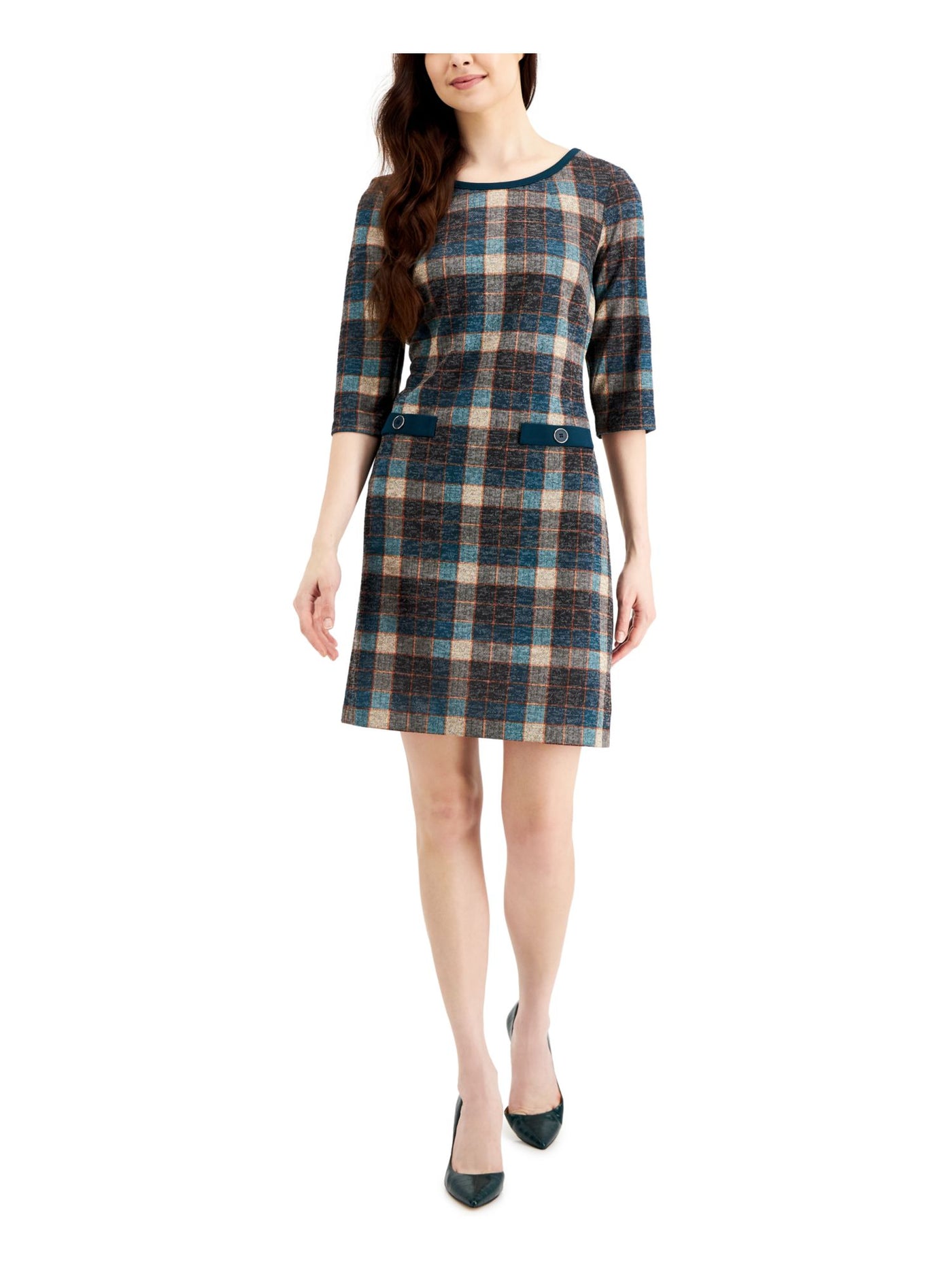 CONNECTED APPAREL Womens Teal Stretch Plaid Elbow Sleeve Round Neck Above The Knee Wear To Work Sheath Dress 10