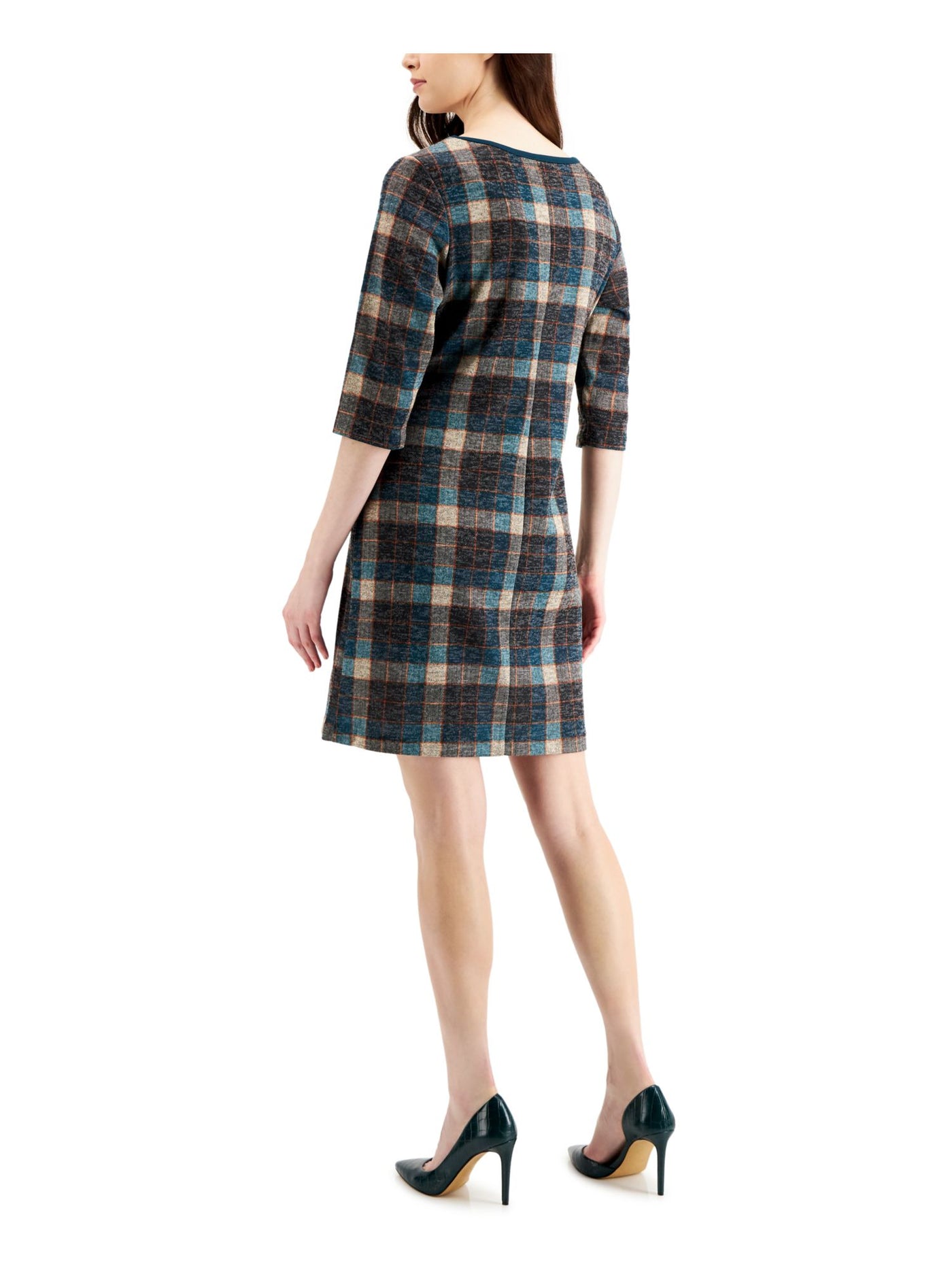 CONNECTED APPAREL Womens Green Stretch Plaid Elbow Sleeve Round Neck Above The Knee Wear To Work Sheath Dress 8