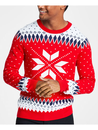 CHARTER CLUB Mens Red Patterned Long Sleeve Crew Neck Cotton Blend Pullover Sweater L