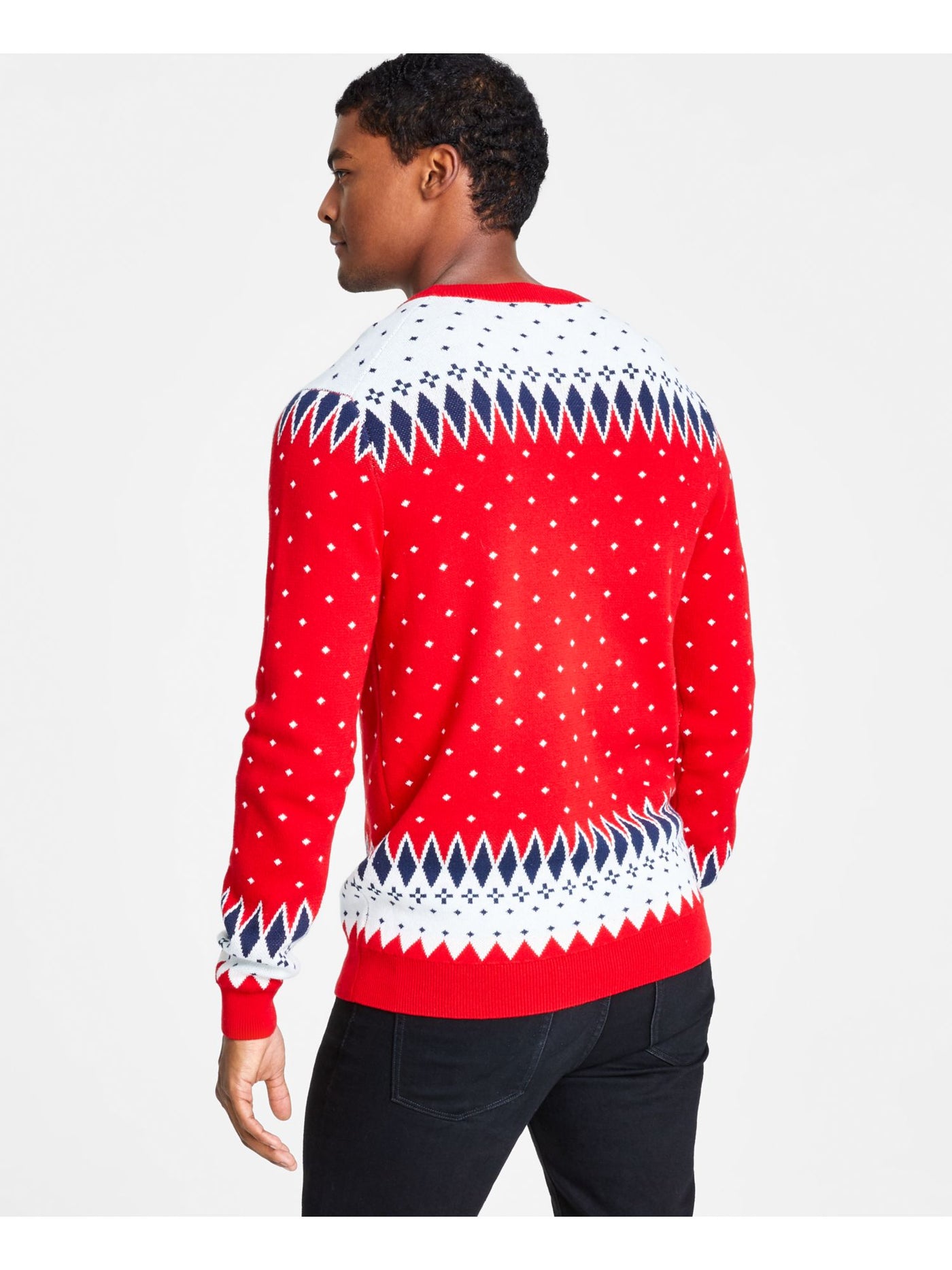 CHARTER CLUB Mens Red Patterned Long Sleeve Crew Neck Cotton Blend Pullover Sweater L