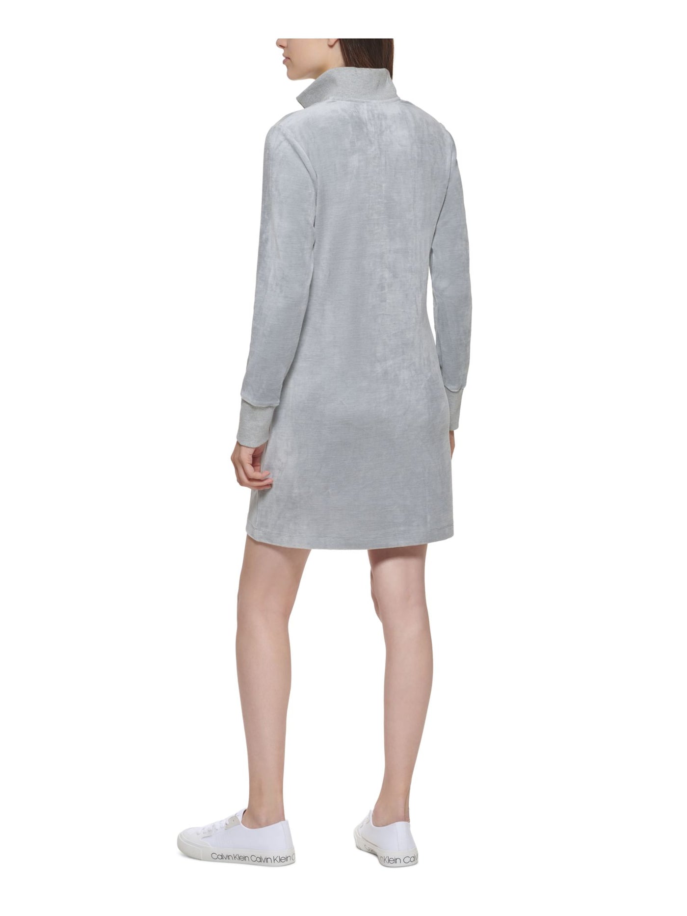 CALVIN KLEIN Womens Stretch Zippered Velour Ribbed Collar Cuffs Long Sleeve Stand Collar Above The Knee Shift Dress