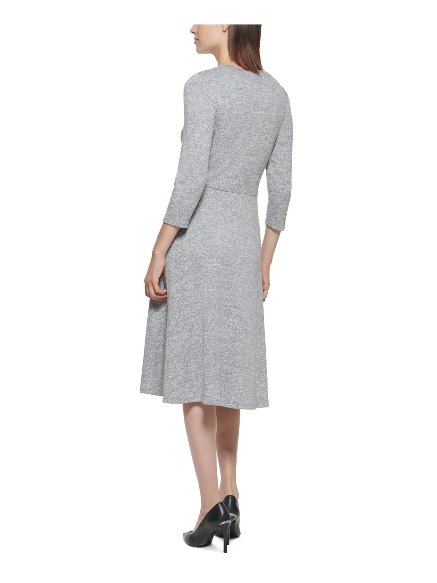 CALVIN KLEIN Womens Gray Stretch Ruched Pull-over Style Heather 3/4 Sleeve Round Neck Midi Wear To Work Shift Dress 2