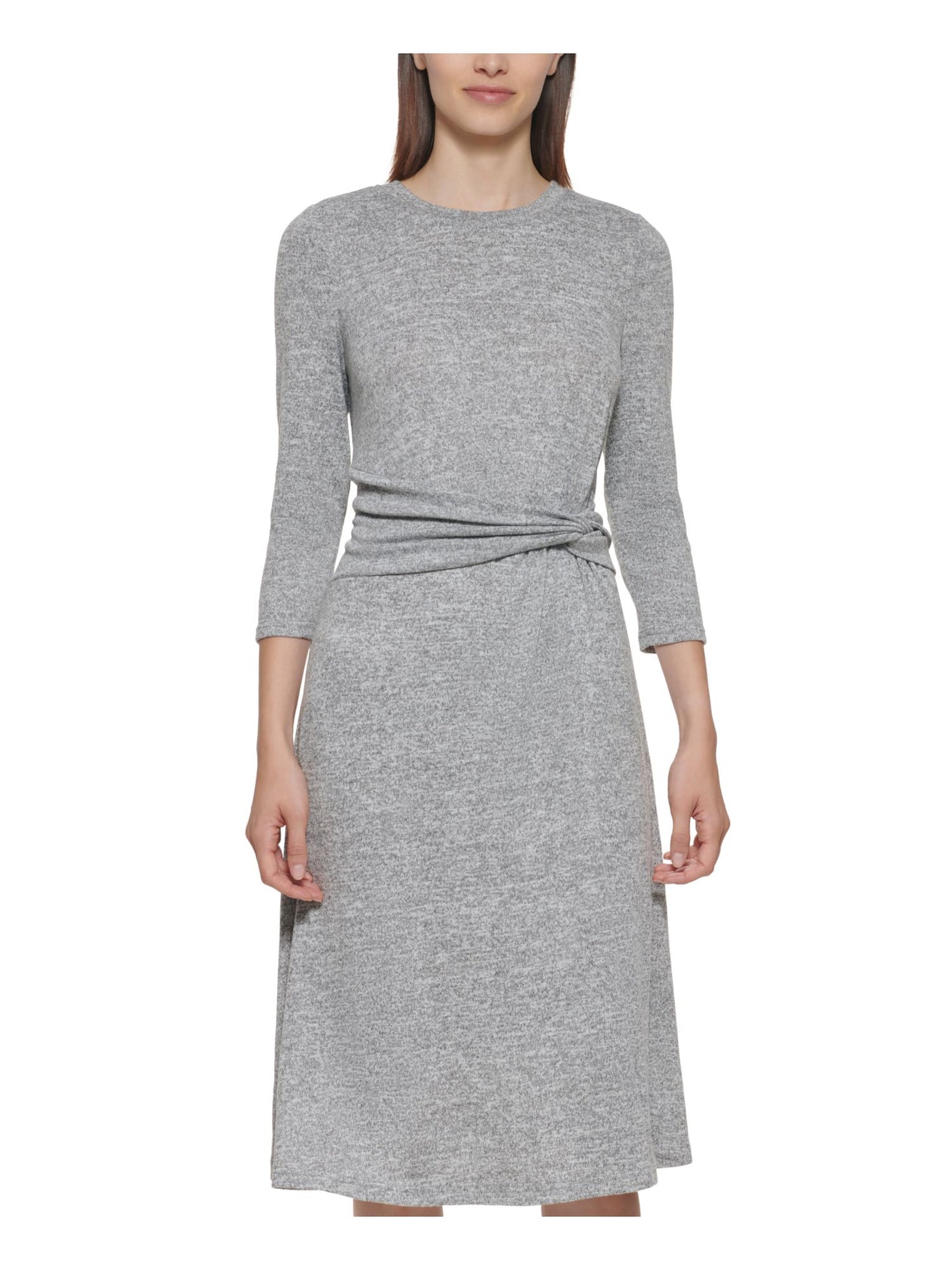 CALVIN KLEIN Womens Gray Stretch Ruched Pull-over Style Heather 3/4 Sleeve Round Neck Midi Wear To Work Shift Dress 10