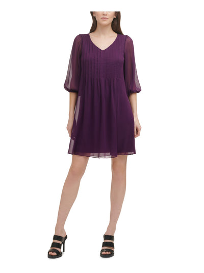 DKNY Womens Purple Balloon Sleeve V Neck Short Shift Dress 4